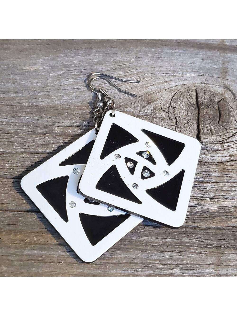 Vintage Y2K White Black Lucite Austrian Crystal Large Diamond Rhombus Earrings - Picture 4 of 10